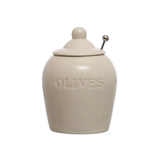 Debossed Stoneware Jar w/ Slotted Spoon "Olives"