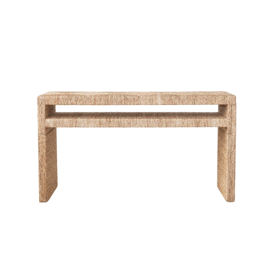 Hand-Woven Water Hyacinth & Acacia Wood Console Table w/ Shelf