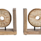 Hand-Carved Mango Wood & Metal Circle Bookends on Stand, Natural