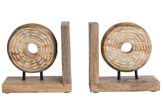 Hand-Carved Mango Wood & Metal Circle Bookends on Stand, Natural