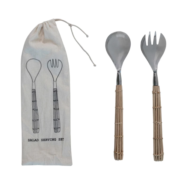 Stainless Steel Salad Servers w/ Rattan Handles, Set of 2 in Drawstring Bag