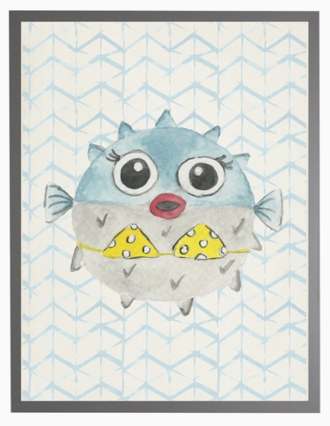 Watercolor Blowfish with Geometric Background A - Online Only