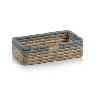 La Côte Coiled Rattan and Abaca Napkin Holder   Natural with Côte d'Azur Blue Rim
