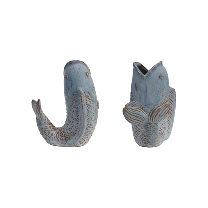 Stoneware Fish Shaped Vase, Reactive Glaze