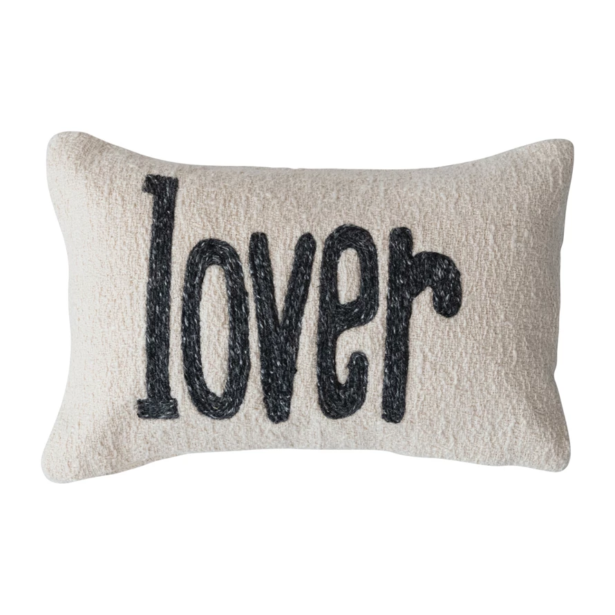 Woven Cotton Slub Embroidered Lumbar Pillow "Lover"