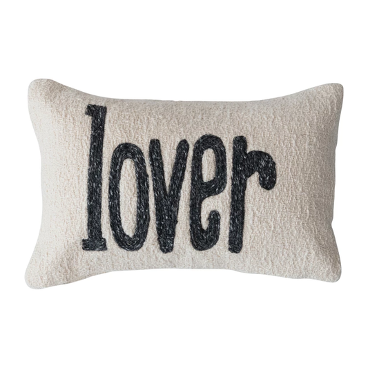 Woven Cotton Slub Embroidered Lumbar Pillow "Lover"