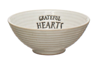 4" Round x 1-1/2"H Stoneware Bowl w/ Stamped Saying, Cream Color - Hearts