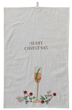 Cotton Slub Printed Tea Towel w/ Holiday Cocktail, Saying & Loop - Merry