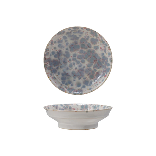 Stoneware Footed Bowl, Reactive Glaze, Blue & White