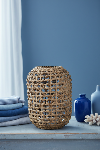 13.5 Inch Natural Water Hyacinth Grass Lantern with Glass Votive
