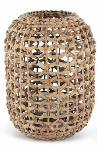 13.5 Inch Natural Water Hyacinth Grass Lantern with Glass Votive

