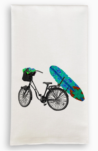 Bike with Blue Surfboard Dishtowel
