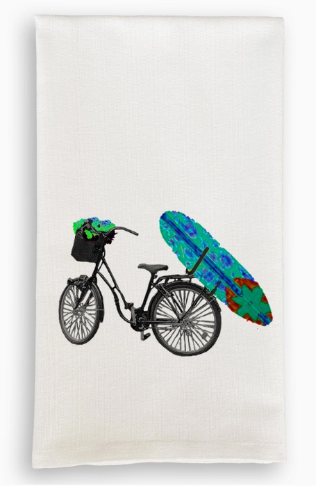 Bike with Blue Surfboard Dishtowel