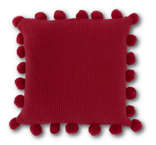 20 INCH RED MOSS STITCH KNIT PILLOW W/POMPOM TRIM