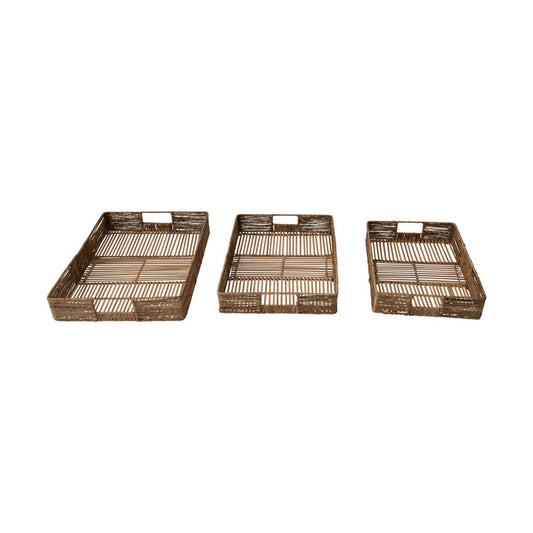 Hand-Woven Decorative Bamboo & Jute Trays with Handles, Set of 3
