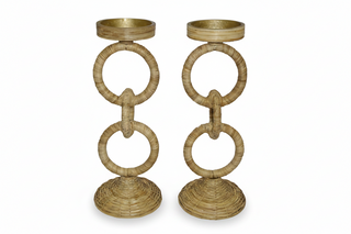 Set of 2   Rattan Wrapped Ring Pillar Candlestick   13.5"H   Natural
