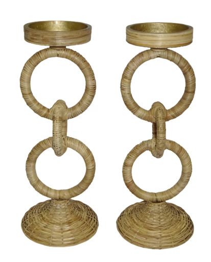 Rattan Wrapped Ring Pillar Candlestick, 13.5"H, 2 Piece Set, Natural