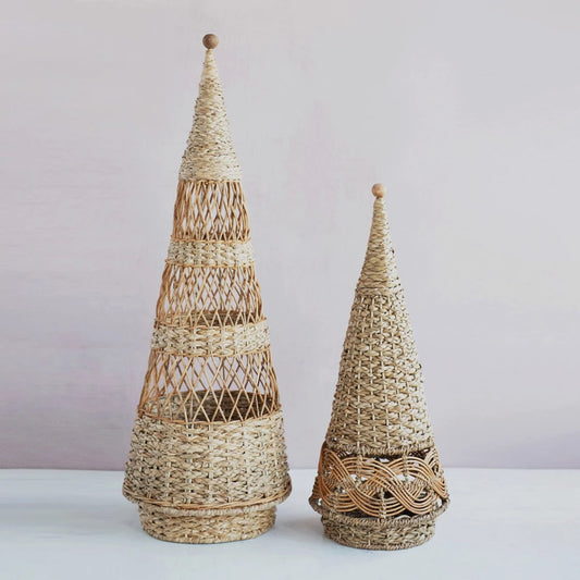 Hand-Woven Wicker Cone Tree w/ Wood Bead, Natural