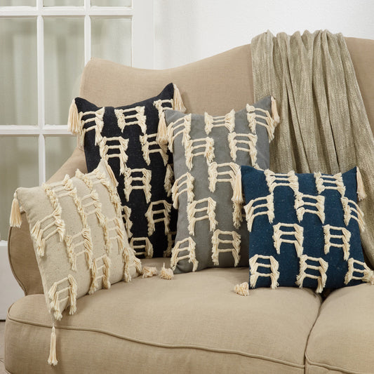 Tri-Line Frayed Pillow - Down Filled - Navy Blue