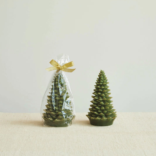 Unscented Tree Shaped Candle w/ Gold Tips, Evergreen Color - Large