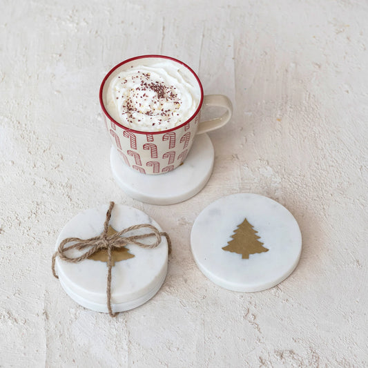 Marble Coasters w/ Brass Tree Inlay, White, Set of 4