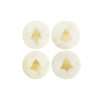 Marble Coasters w/ Brass Tree Inlay, White, Set of 4
