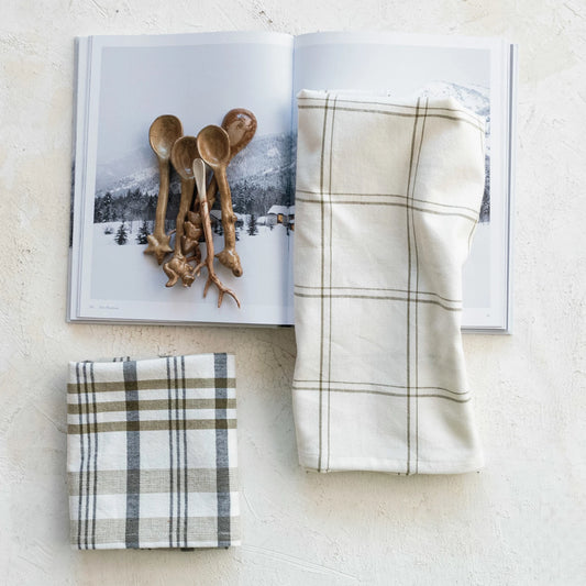 Stonewashed Cotton Tea Towel w/ Grid/Plaid Pattern, White & Green I