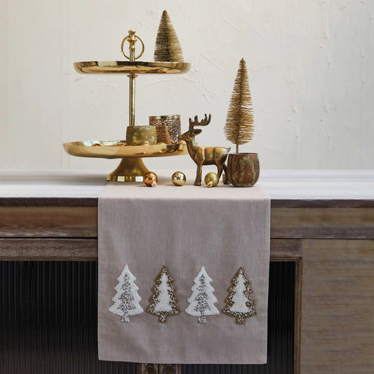 Cotton Chambray Table Runner w/ Embroidered Tufted Trees & Glass Beads