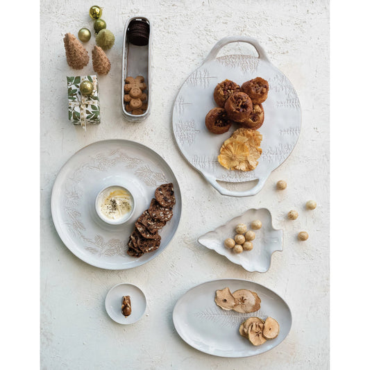 Debossed Stoneware Tray/Platter w/ Trees & Handles