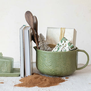 4 Quart Debossed Stoneware Batter Bowl w/ Handle & Trees
