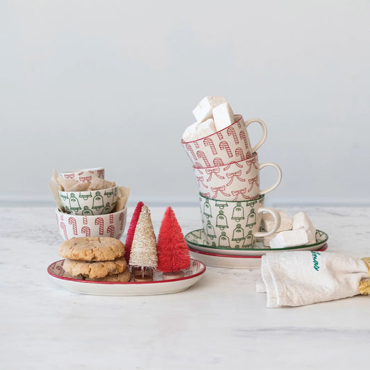 Hand-Stamped Stoneware Plate w/ Holiday Pattern - Tree