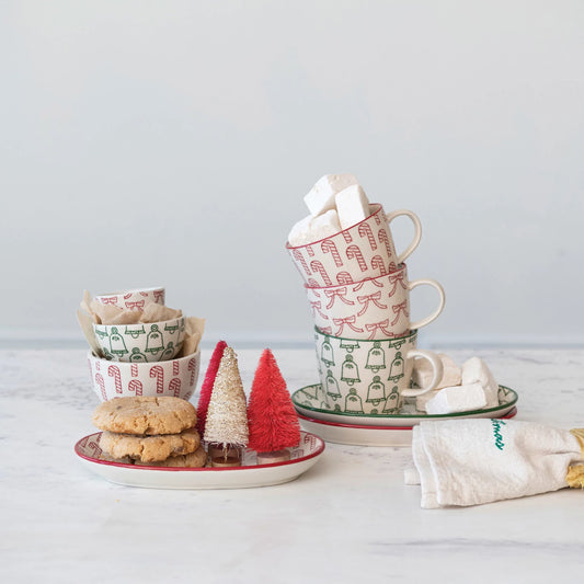 Hand-Stamped Stoneware Plate w/ Holiday Pattern - Bow