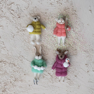 Handmade Wool Felt Animal in Winter Coat Ornament   Pink Mouse
