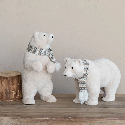 Faux Fur Standing Polar Bear w/ Scarf, Cream Color