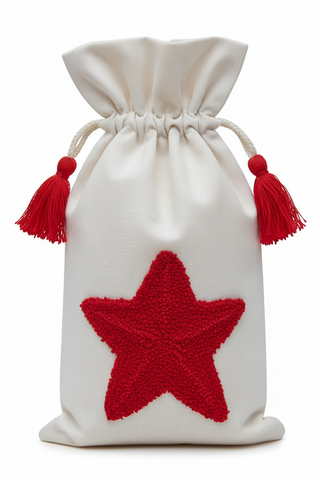 Woven Drawstring Wine Bag with Tufted Holiday Icon & Tassels I   Star
