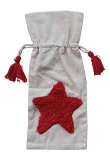 Woven Drawstring Wine Bag with Tufted Holiday Icon & Tassels I - Star