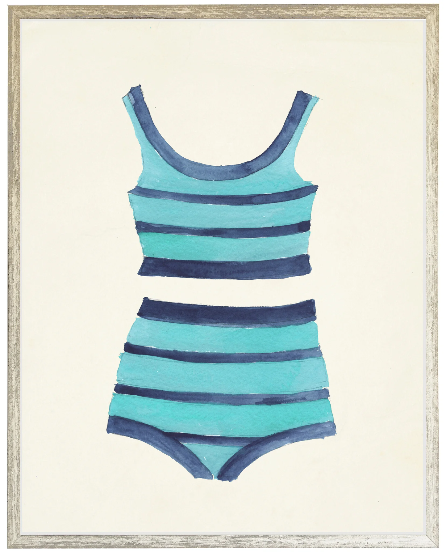 Teal with Navy Stripes Bathing Suit Two Piece Distressed White Shadow Box 12X16,84005 B