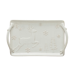 Debossed Stoneware Tray w/ Deer, Snowflakes & Trees, Reactive Glaze
