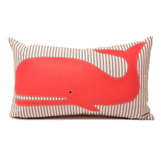 Whale Lumbar Pillow   Coral On Ticking Stripe
