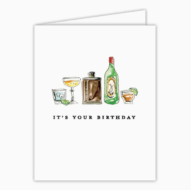 Greeting Card - Handpainted It's Your Birthday Flask and Cocktails