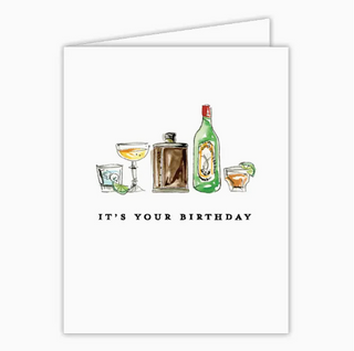 Greeting Card   Handpainted It's Your Birthday Flask and Cocktails
