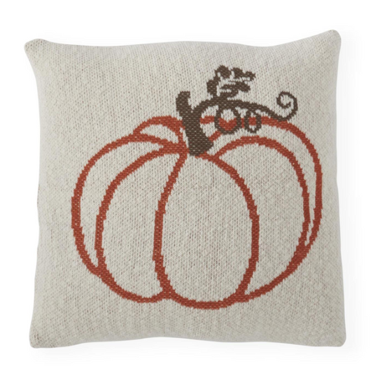 20 INCH CREAM COTTON KNIT PILLOW W/ORANGE PUMPKIN