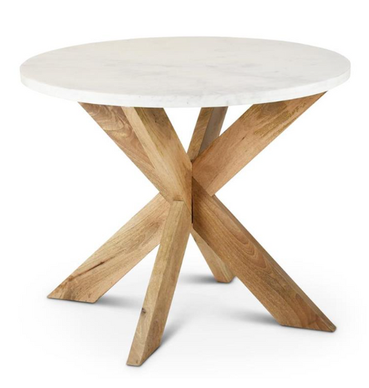 32 Inch White Marble Top Table with Natural Mango Wood Cross Buck Legs