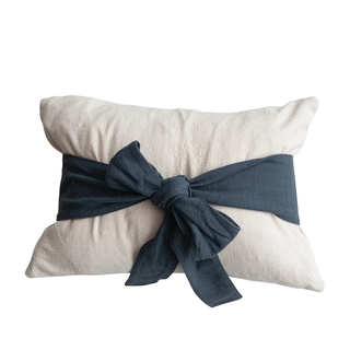 Woven Cotton Lumbar Pillow with Bow, Natural & Navy Color
