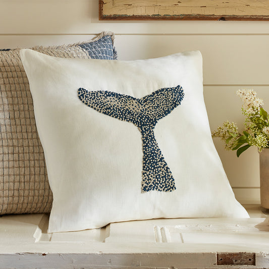 Whale Tail Pillow, Cream Ground w/ Embroidery - Linen - Porch 21"x21"