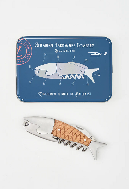 Knife and Corkscrew in the Shape of a Fish Made of Wood and Metal