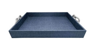Indigo Faux Grasscloth Tray with Rope Handles

