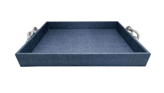 Indigo Faux Grasscloth Tray with Rope Handles