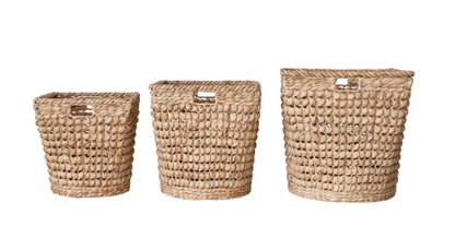 Hand-Woven Water Hyacinth & Metal Baskets w/ Handles