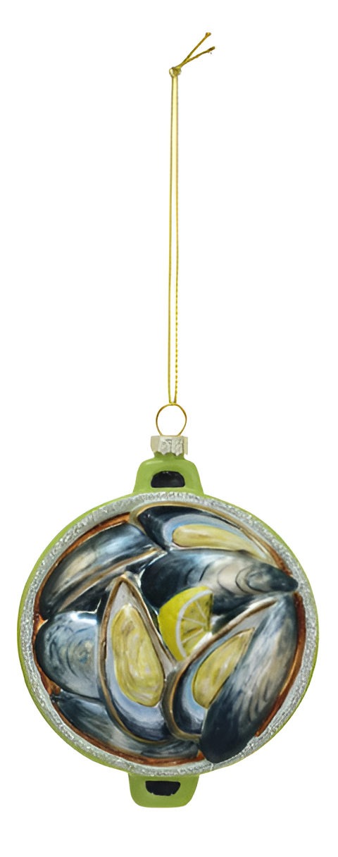 Hand-Painted Glass Mussels/Steamer Clams Ornament w/ Glitter - Green